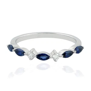 Marquise Cut Blue Sapphire And Diamond Band Ring In 18k White Gold - Picture 1 of 6