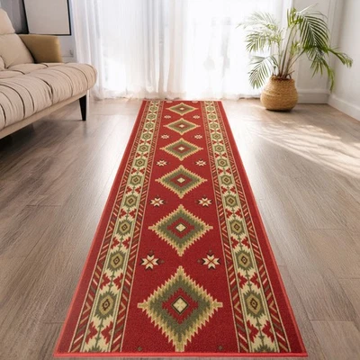 Custom Size Anti-Slip Machine Washable Low Profile Loop Pile Southwest Red Rug - Image 1 of 4