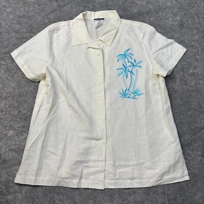 Camisa Free Will Democracy Mujer L Azul Crema Lino Bordada Botón Palmera Foto 1 de 4