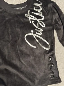 Justice Black Velour Velvet Sweatshirt Metallic Logo Grommets Girls 10 - Picture 1 of 3