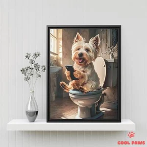 Funny Westie Bathroom Art Print - Dog in Toilet with Cell Phone - Wall Art - Picture 1 of 9