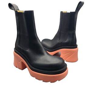 Bottega Veneta Flash Black Leather Chelsea Boots Pink Heels Platform 37.5/7.5