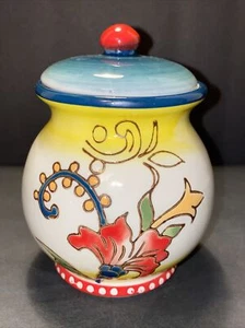 Dutch Wax Ceramic Cache Pot / Sugar Pot / Jar With Lid Multi Colored Floral - Picture 1 of 10