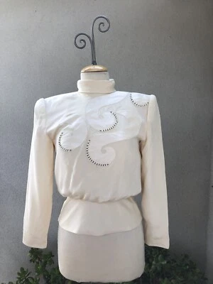 Blusa Top Elegante Vintage Seda Crema Seda Cuentas Gala Julie Francis Talla 4 Foto 1 de 4