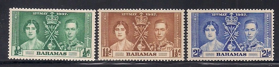 Багамские острова 1937 Sc No 97-99 Coronation как новые без наклеек и следов оригинальные - Изображение 1 из 1