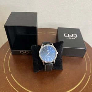 Q&Q Blue Tone Quartz Men's Watch Black Leather Band! New Battery! Ships Fast! - Picture 1 of 8