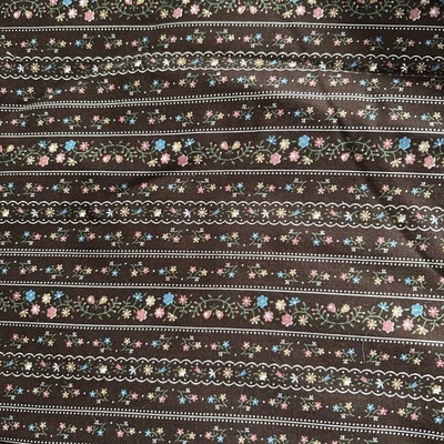 Vintage Wamsutta Striped Florals Brown Base Pink Blue Flowers Cream Line 1 Yard - Image 1 of 2
