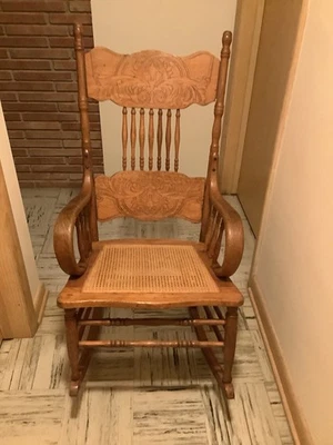 Marvelous spindle and pressed back very large antique oak rocker, caned seat. - Image 1 of 4