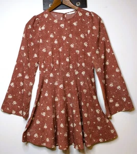 Lush Brown Boho Short Floral Polka Dot Dress Fit & Flare Long Bell Sleeves Small - Picture 1 of 8