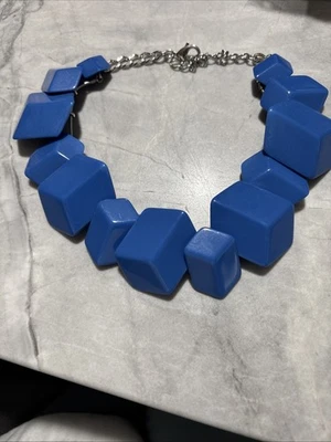 JAEGER Grueso Collar Azul Lucita Acrílico Geométrico Cadena Plata Hecho en Italia! Foto 1 de 4