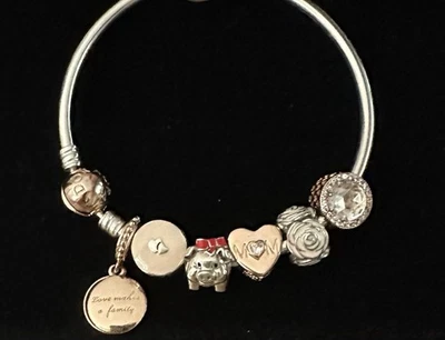 Pandora Moments Bangle Charm Bracelet 6 Charms Sterling Silver Rose Gold 925 ALE - Image 1 of 4