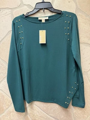 Top MICHAEL KORS Verde Esmeralda Oscuro Manga Larga Tachonado con Abertura Lateral Talla S Nuevo con Etiquetas Foto 1 de 4