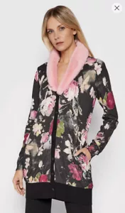 Blugirl Blumarine Womens Floral Print Pink Faux Fur Collar Cardigan Long Sz M - Picture 1 of 6