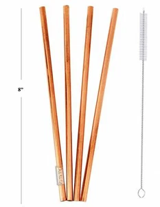 Prisha India Craft Plain Pure Copper Straight Drinking Straws, 8 Inch, Set of 4 - Picture 1 of 5