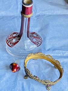 Tall Antique Bohemian Glass Decanter Perfume Enameled Footed & Etched Floral