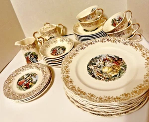 W S George 22 k Gold "Love Story Courting Couple Dishes 32 Pieces - Picture 1 of 6