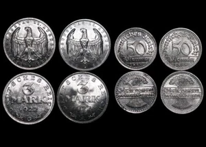 4 Coins: Weimar Republic 3 Mark 1922A, 1922G and 50 Pfennig 1921G, 1921F UNC - Picture 1 of 1