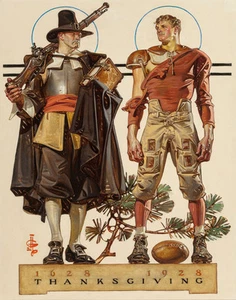 Joseph Leyendecker Thanksgiving Pilgrim And Football Player Print 11 x 14 - Picture 1 of 3