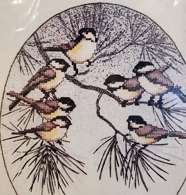 Monarch Horizons PCS 17 CHICKADEES Birds Printed Cross Stitch Kit 9"x12" NEW - Image 1 of 4