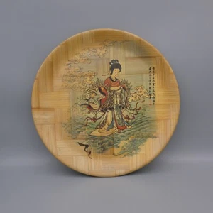 Vintage Asian Lo River Goddess Bamboo Plate Serving Tray Water Geisha 12" Round - Picture 1 of 13