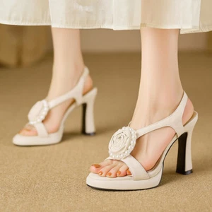 Mujeres Verano Punta Redonda Flor Perla Decoración Hebilla Correas Zapatos Informales EE. UU. 5-9 - Imagen 1 de 22