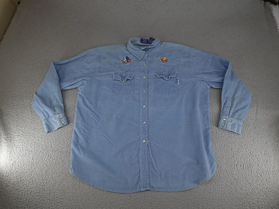 Винтажная мужская рубашка Pooh XL синяя вельветовая жемчужная застежка Winnie the Pooh Tigger Disney - Изображение 1 из 4