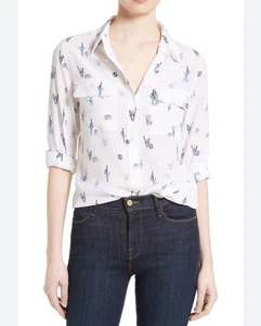 Equipment Femme Shirt Blouse White blue novelty Texas Cactus 100% Silk Button Up - Picture 1 of 10