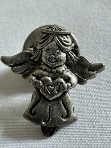 Vintage Silver Tone Angel Holding I Love You Heart Collectible Lapel Pin G21 - Picture 1 of 3