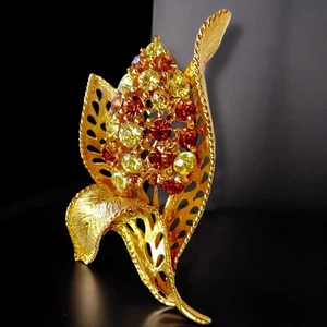 Lisner Rhinestone Flower Brooch Gold Tone Orange Yellow Signed Vintage Pin - Picture 1 of 9