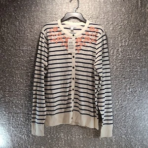 Charter Club Women Button Up Cadigan Sweater Striped Floral Embroidered M NWT - Picture 1 of 9