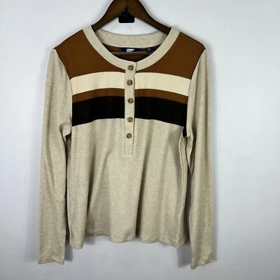 Lands’ End Henley Shirt Womens XL Beige Brown Stripe Ribbed Retro 70s Cabincore - Image 1 of 4