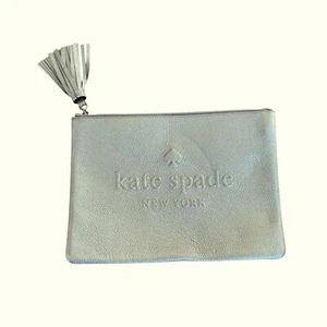 Kate Spade silver metallic Pebble Leather Cosmetic Bag Clutch Small Logo NWT - Picture 1 of 7