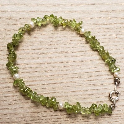 Hand- Made GENUINE * PERIDOT STONE * BRACELET 6.5" Long ,3-5MM - USA - Image 1 of 4