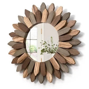 Boho Wall Decor 12 inch Decorative Mirror with Rustic Wood Sunburst Frame, Pe... - Picture 1 of 9