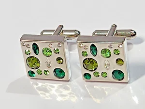 Cufflinks STEEL Platinum Plated PERIDOT/EMERALD/Cut Lab-Created GEMS Square/UK/S - Picture 1 of 4