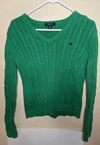 Suéter Chaps Kelly Verde Tejido con Cable Cuello en V Damas Talla Mediana Preppy Academia - Imagen 1 de 4