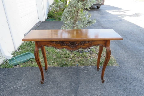 French Country Carved Oak Parquet Top Library Console Long Table 2065 Cover