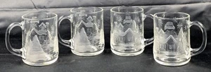 Set/4 Vintage Arcoroc Frosted 10oz Embossed Glass Holiday Mugs "Welcome Home" - Picture 1 of 9