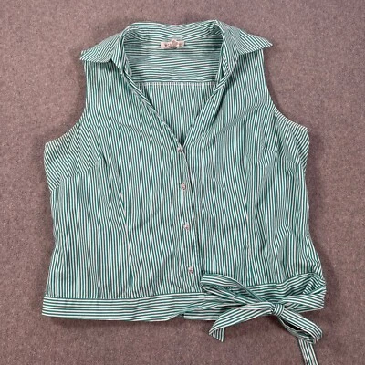 Harold's Striped Sleeveless Blouse Women's 14 Green/White Bow at Waist Collared - Image 1 of 4