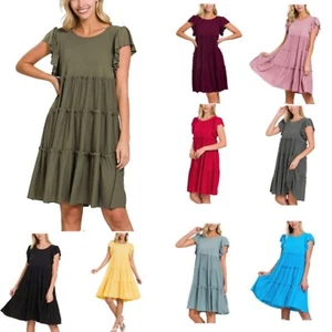 Women's Summer Dress Ruffle Sleeve Round Neck Solid Loose Short Flowy Mini Dress - Picture 1 of 24