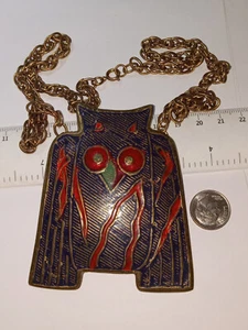 70'S INDIA MADE BRASS AND MULTICOLOR ENAMEL OWL ON DOUBLE ROLO 21.5" NECKLACE - Picture 1 of 3
