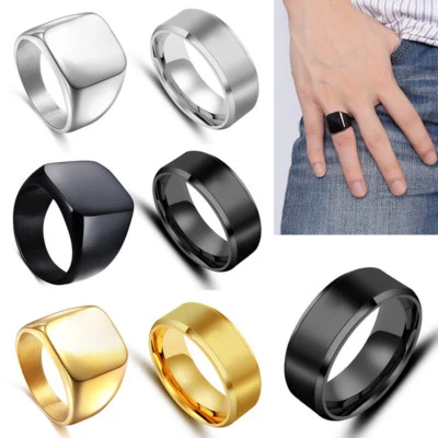 Men Solid Polished Titanium Steel Band Biker Signet Ring Black Silver Jewelry - Image 1 of 4
