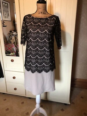 JAX Ladies Short Shift Dress Size 12 Beige Black Lace Layered Short Sleeve - Image 1 of 4