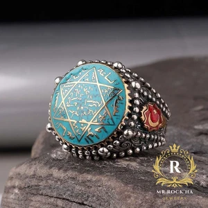 Seal of Solomon,Turquoise Enamel,Beaded Design,Round Domed,925 Silver Men's Ring - Picture 1 of 14