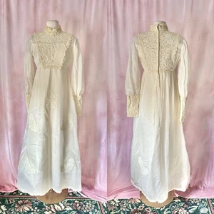 Vintage 1970s Wedding Gown Size 6 Ivory Empire Waist Lace Bridal Prairie Dress - Picture 1 of 11