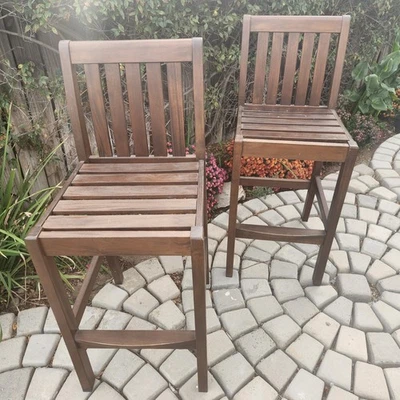 S/2 Pottery Barn Chatham Exterior Madera Taburete Sillas Miel Foto 1 de 4