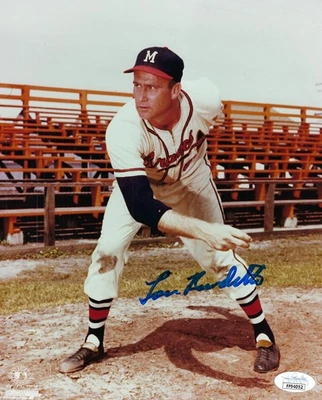 Foto firmada por Lou Burdette 1957 de los Bravos 8x10 automático certificado de autenticidad JSA autografiado Milwaukee WS Foto 1 de 2