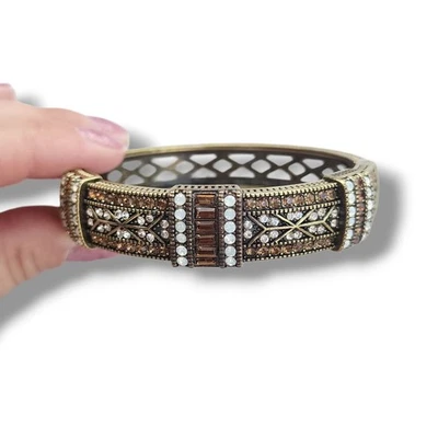Heidi Daus Bangle Bracelet Hinge Old Gold Bronze White Crystal Age Of elegance  - Image 1 of 4