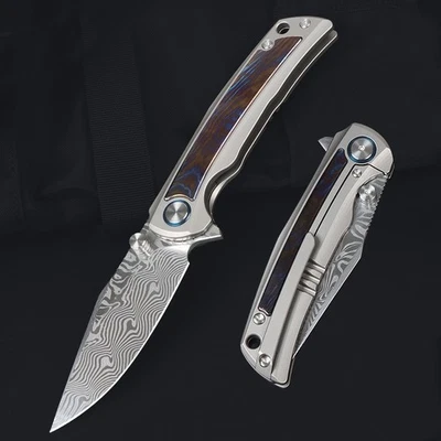 Navaja de bolsillo de hoja de acero Damasco con mango de titanio de alta calidad para caza camping Foto 1 de 4
