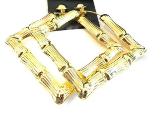 CLIP-ON EARRINGS ASSORTED STYLES COLORS BAMBOO HOOP EARRINGS LARGE 3.5 INCH - Picture 1 of 18